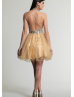 Champagne Tulle Beaded Halter Backless Knee Length Prom Dress